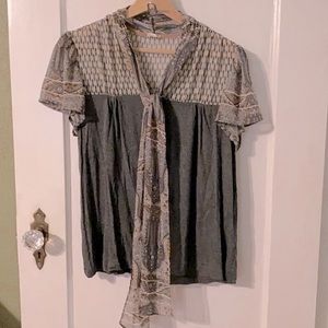 Anthropologie Tiny Joy Tie Neck Top Grey